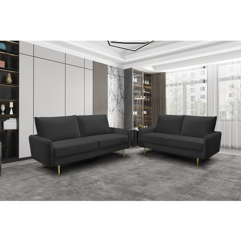 Casey 58" Velvet Round Arms Sofa Loveseat, Black Velvet, Velvet
