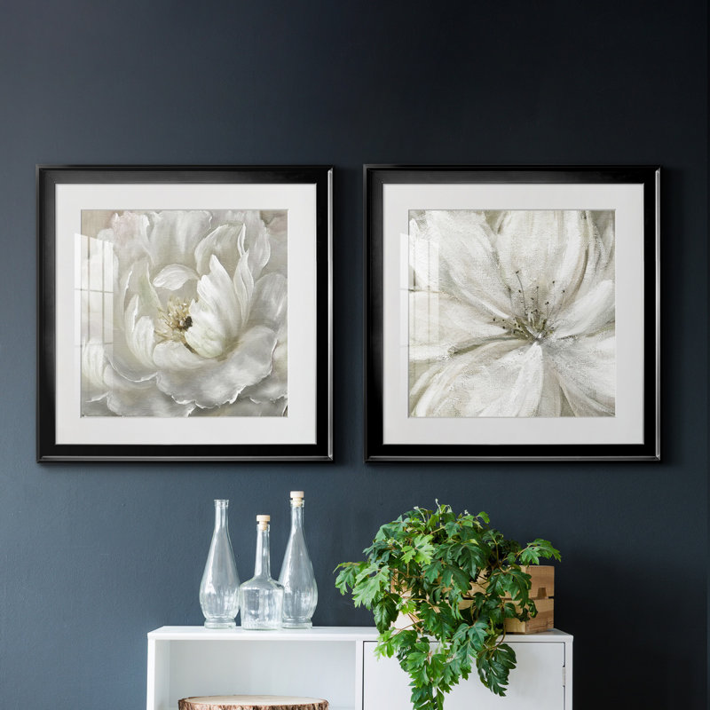 Pivoine parfaite - ensemble de 2 cadres photo sur papier, H 17,5 po x l 35 po x P 1,5 po, Papier encadré noir, Blanc