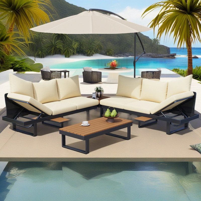 Outdoor Sectional Sofa Set with Adjustable Reclining Seats for Patio, Beige