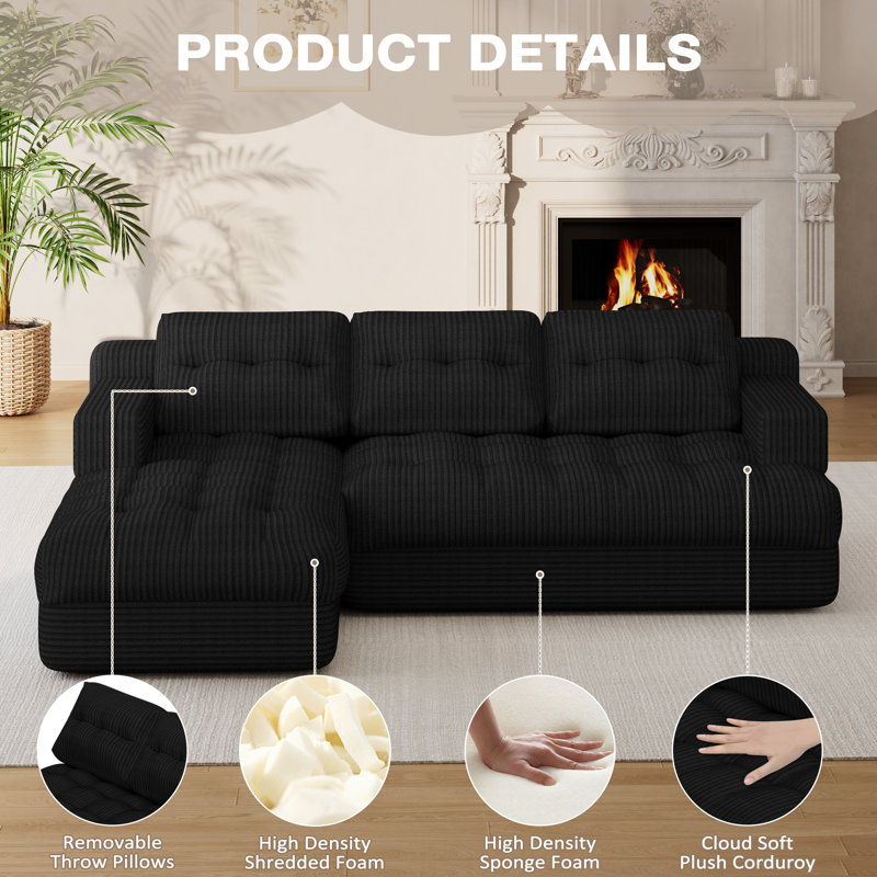 Nouveau canapé modulaire désossé pour petits espaces - Siège rembourré à siège profond avec méridienne orientée vers la gauche, aucun assemblage requis, parfait pour les salons, noir