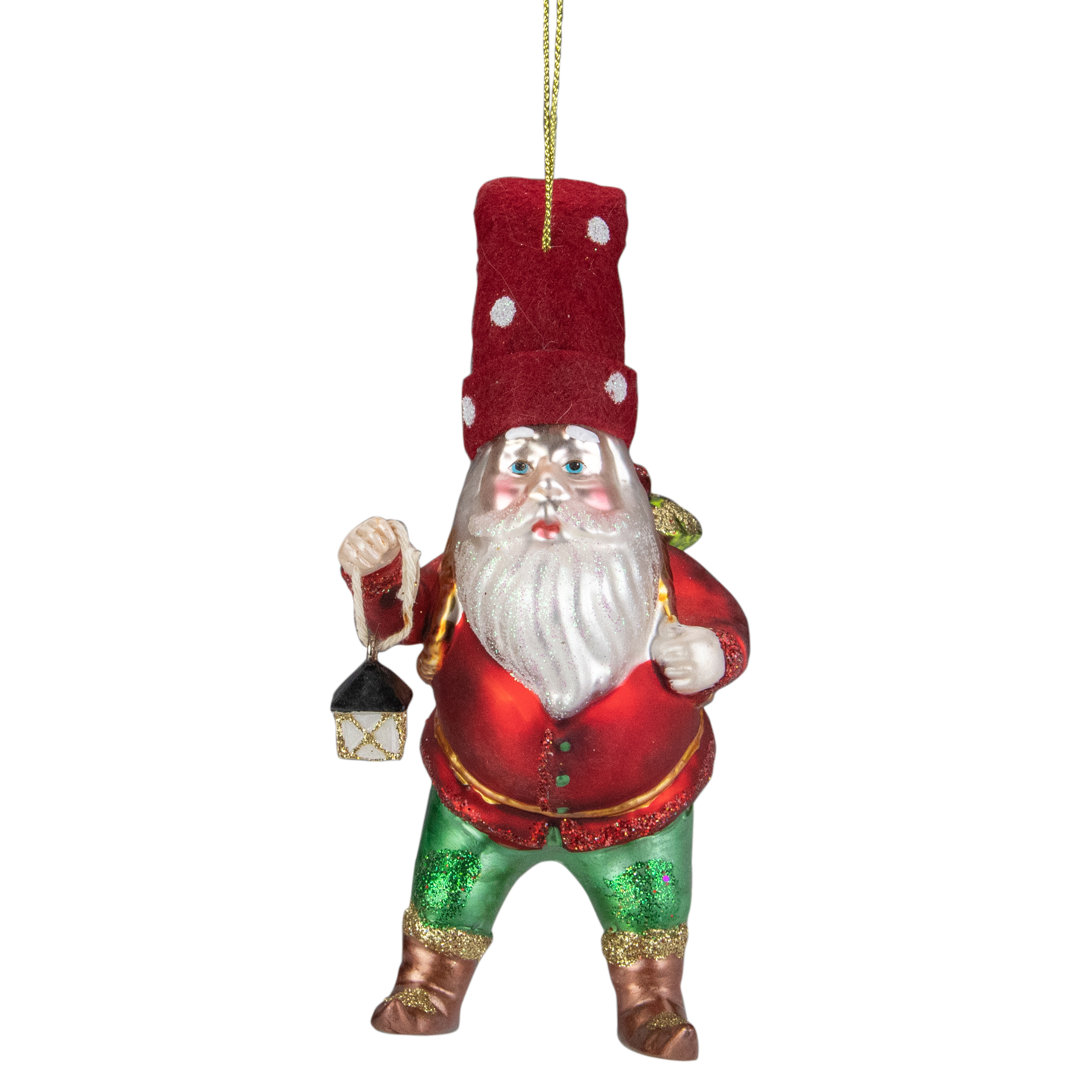 6" Gold and Red Gnome with Lantern and Flower Basket Glass Christmas Ornament Northlight Seasonal