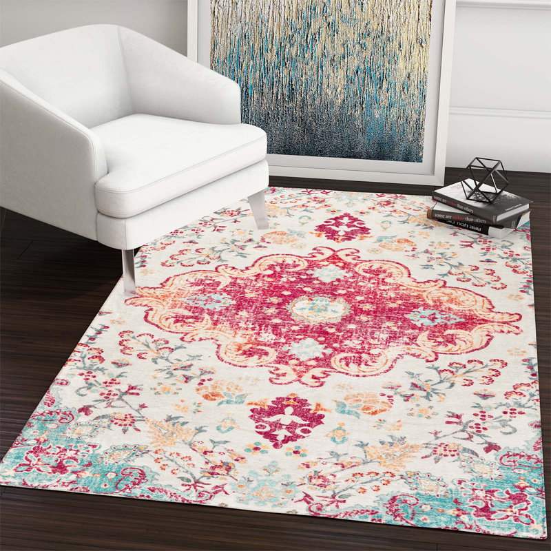 Juanelle Performance Washable Indoor Rug, Retangle 3' x 5', Crimson & Cream