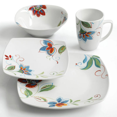 Gibson Home 16-piece Fine Ceramic Soft Square Dinnerware Set – Elegant Floral Design, Microwave & Dishwasher Safe, Service For 4 