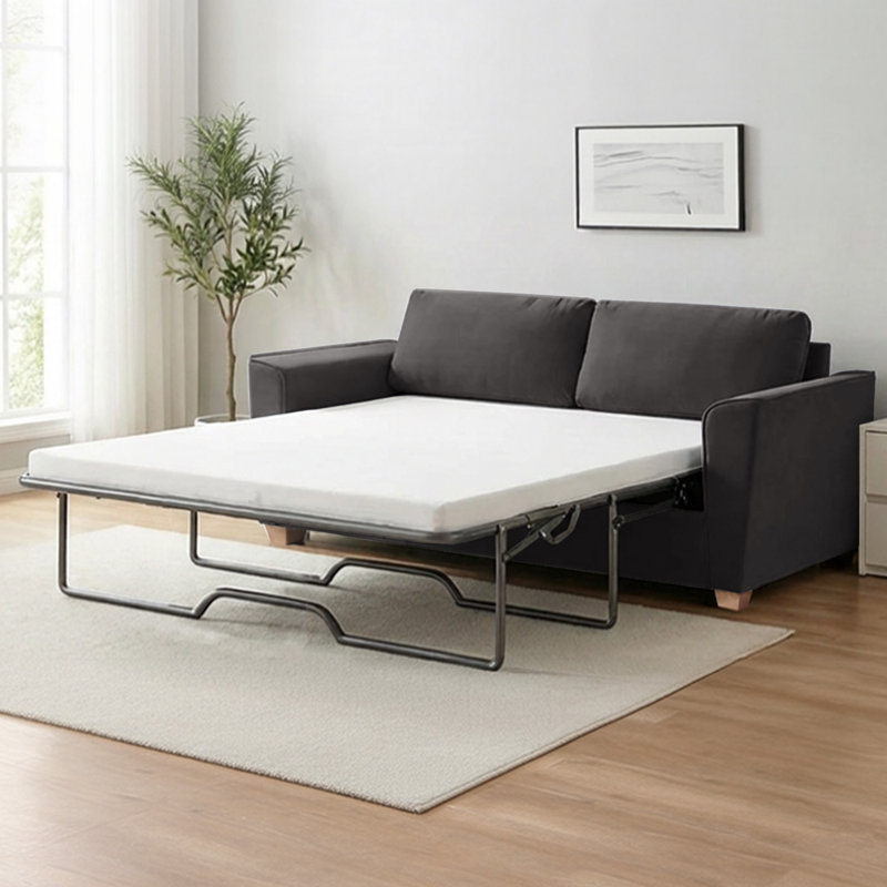 Latitude Run 77" Velvet Queen Pull Out Sleeper Loveseat with Memory Foam Mattress, Dark, 30” H x 77” W x 28” D