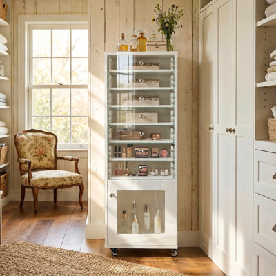 Armoire à bijoux mobile avec tiroirs à devant en verre | 7 tiroirs + roulettes verrouillables