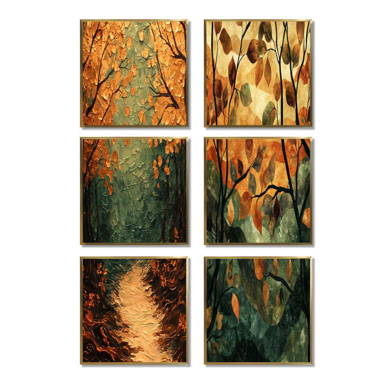 Feuilles de forêt brune tranquillité - ensemble d'art mural floral de 6, Impression encadrée sans passe-partout, Doré