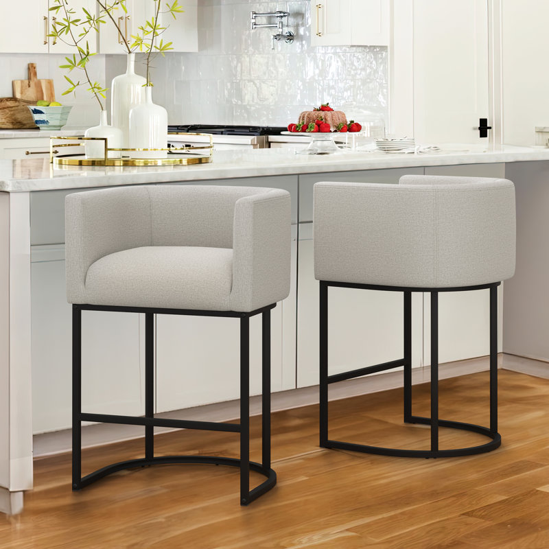 Bechtold Upholstered Counter Stool, Light Gray Linen/ Black Frame