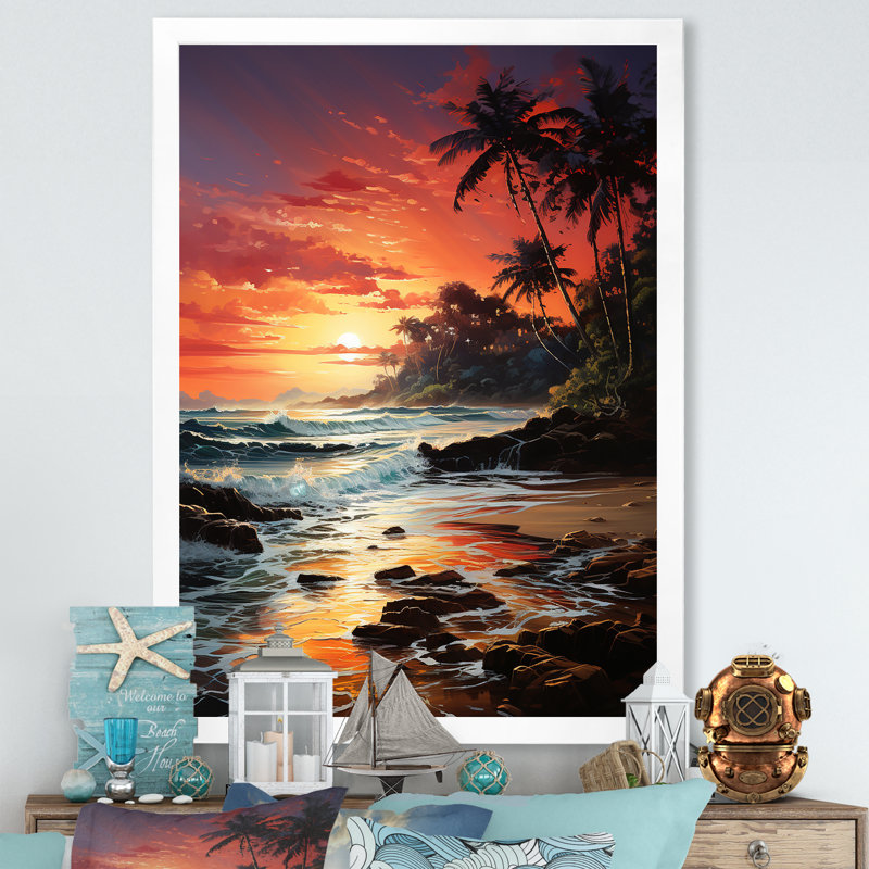 Rêve de coucher de soleil tropical, plage de Tulum - art mural plage, H 32 po x l 16 po x P 1 po, Cadre photo blanc