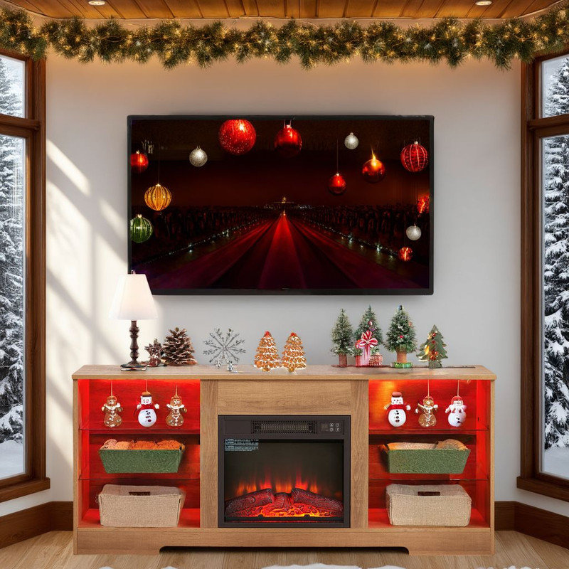 Meuble télé 58 po avec foyer électrique, conception 2-en-1, flamme réglable, télécommande et rangement spacieux, centre de table de télévision moderne pour téléviseur de 62 po ou moins