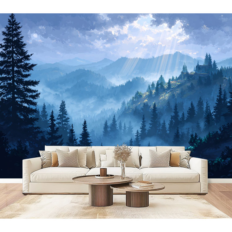 Papier peint adhésif auto-adhésif Mystical Foggy Pine Forest Sunlight H 69 "x l 96", L 96 po x l 69 po