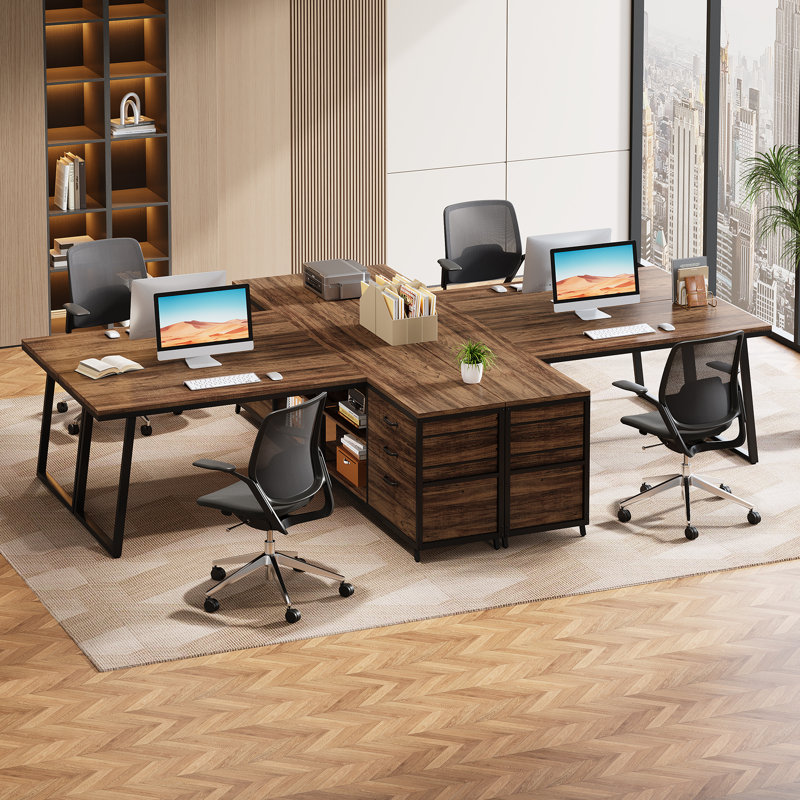 53" L Shaped Home Office Desk, Reversible Corner Computer Desk With 3 File Drawers And 2 Storage Shelves, Brown/Black