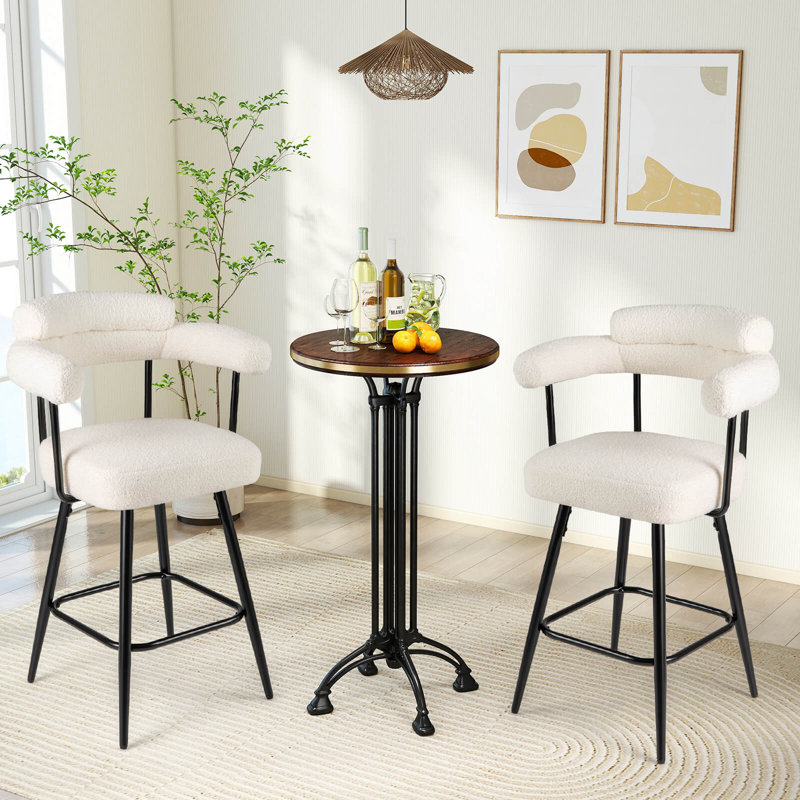 Ensemble de 2 tabourets de bar rotatifs 27 po avec dossier incurvé et accoudoirs, pieds et repose-pieds en métal blanc, Blanc