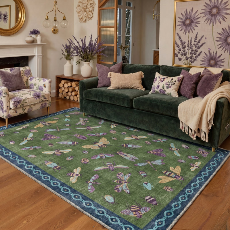 Aura Wing Boho Machine Washable Green / Purple / Blue Indoor Area Rug with Non-Slip Backing, Rectangle 5' x 7'