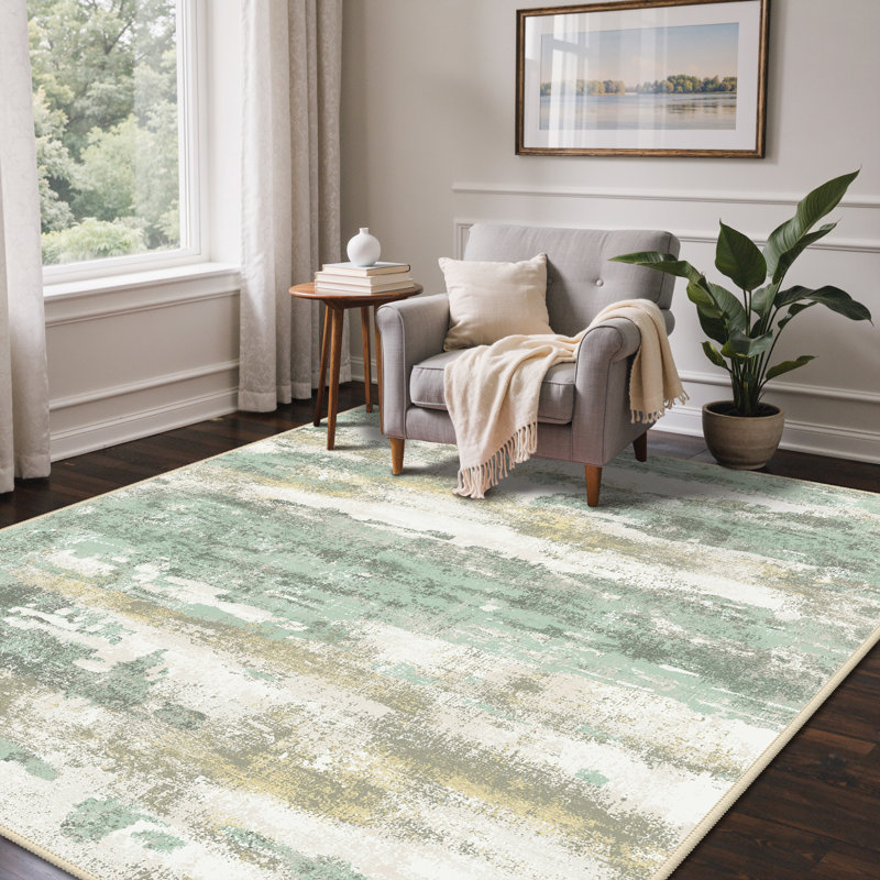 Pavelina Abstract Reversible Green Machine-Washable Area Rug with Rug Pad, Rectangle 5' x 7', Green 