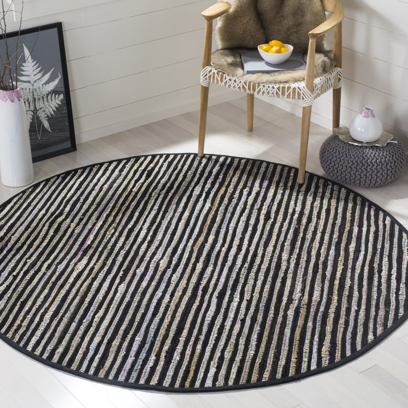 Tapis noir / multicolore en coton tissé à plat à la main Fales, Rond 6 pi