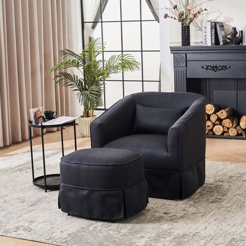 Fauteuil demi-tonneau pivotant en lin avec repose-pieds, Lin noir