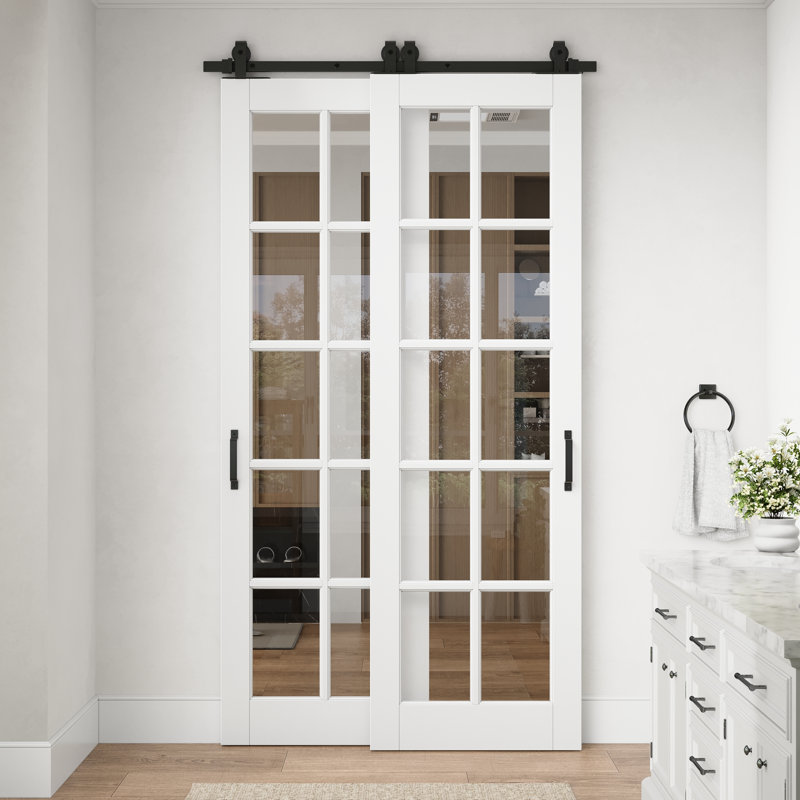 Porte standard préfinie en verre clair à 10 carreaux de 56 po x 96 po avec ensemble de quincaillerie pour porte coulissante de style grange pour garde-manger