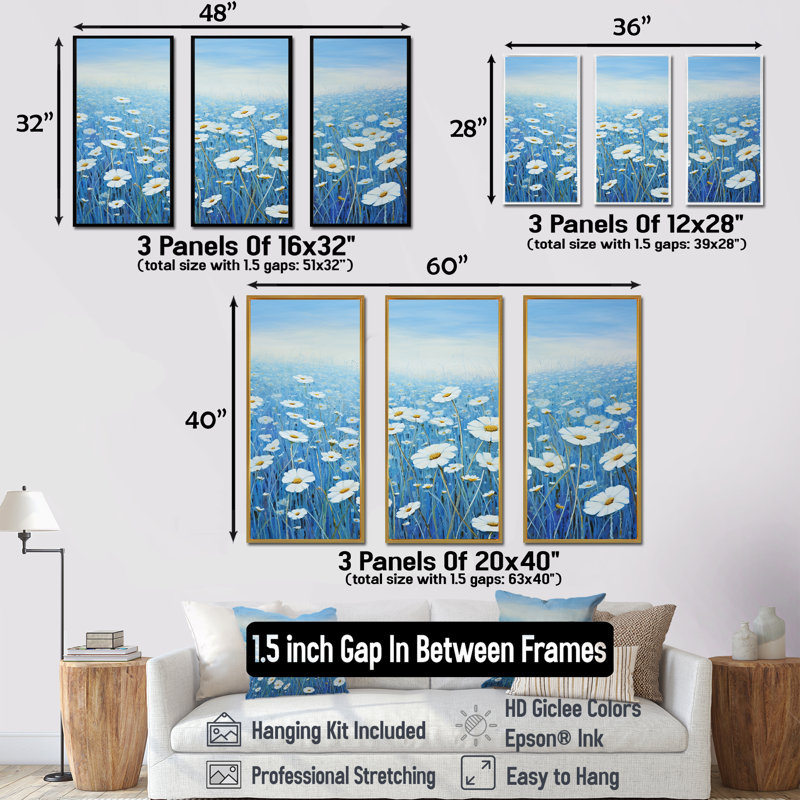 «Serene Azure Flowers Field I», ensemble d'art sur toile, Cadre flottant doré, H 40 po x l 60 po x P 1 po