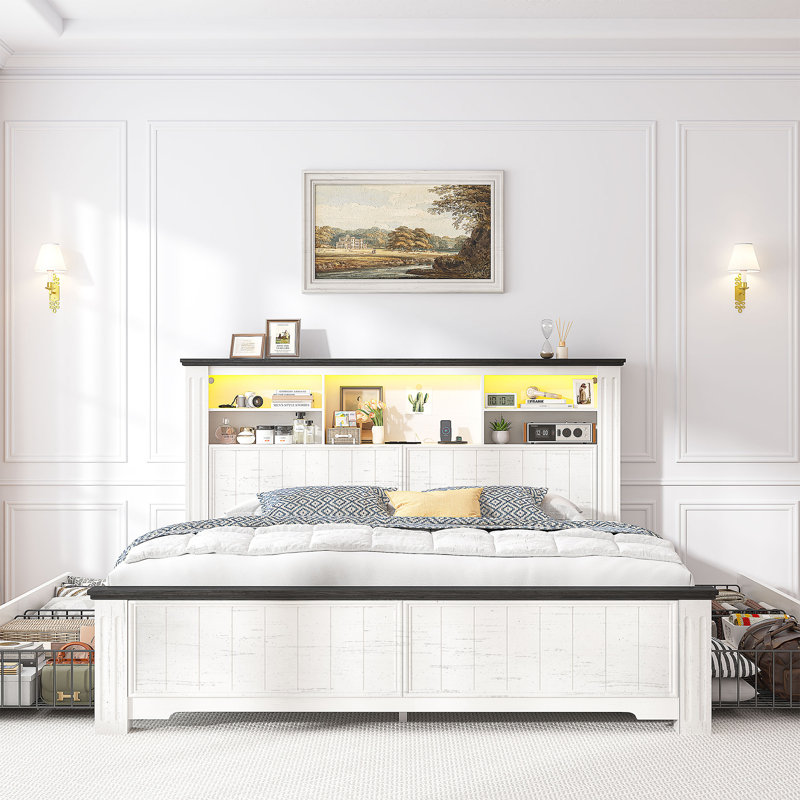 Farmhouse Storage Bed Frame With Headboard & Led Light & Usb, 4 Drawers Under Bed, Built In Charging Station, No Noise, No Box Spring Needed