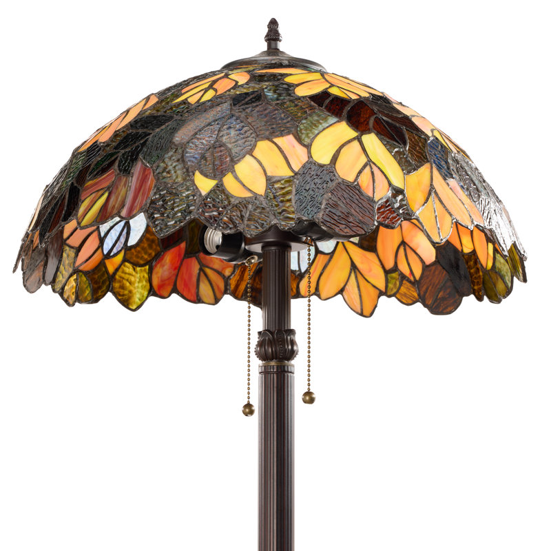 62"H Juliet Multicolored Stained Glass Bowl Fall Leaf Motif Shade Candlestick Floor Lamp