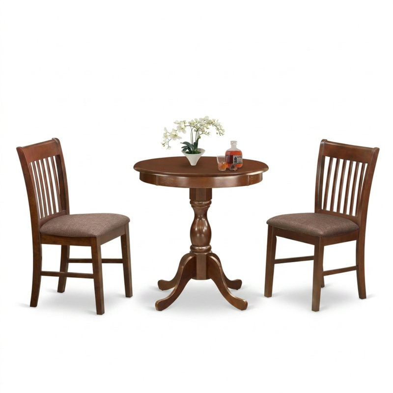 Ensemble de salle à manger rond 3 pièces en bois d'acajou et tissu lin, comprenant une table et des chaises à dossier à lattes.
