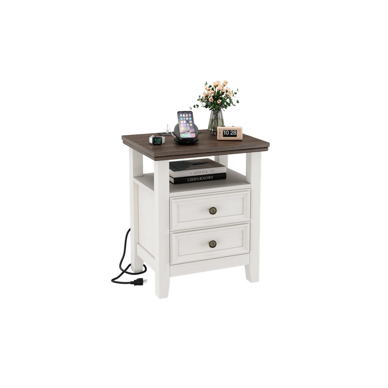 Farmhouse Nightstand With 2 Drawers Wood Besides Table With Charging Station End Table For Bedroom, Living Room, Brown/White