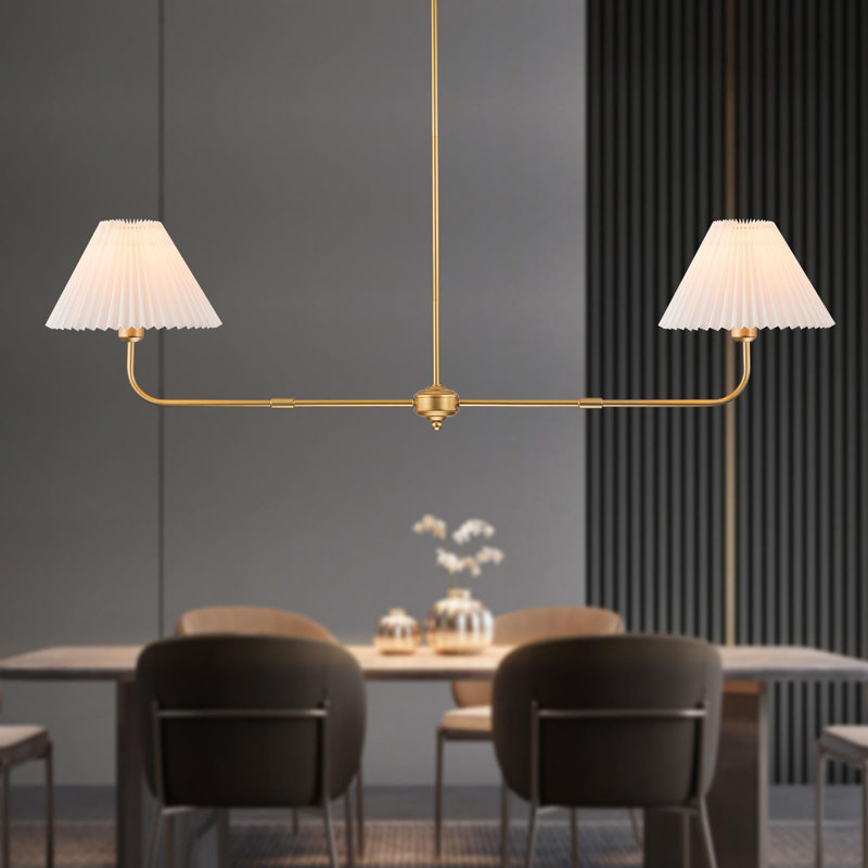2-Light Gold Linear Chandelier, Modern Chandelier For Dining Room Light Fixture With White Fabric Shade, Rose Gold