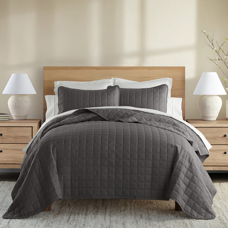 Simply Soft™ Double Brushed Microfiber Square Pattern Quilted Coverlet Set, Grey, Full/Queen Coverlet + 2 Standard Shams