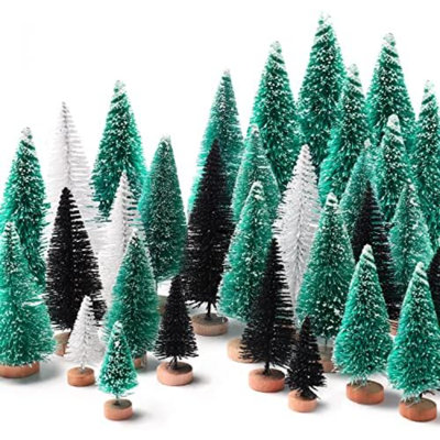 30 mini arbres de Noël, arbres de Noël artificiels en forme de bouteille de sapin de Noël avec 5 tailles, arbres de neige en sisal avec base en bois pour la décoration de Noël