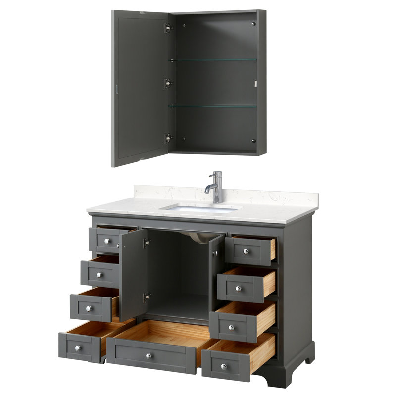 Ensemble de meuble-lavabo simple 48 "avec miroir Deborah, Marbre de culture de Carrare, Blanc, Or brossé