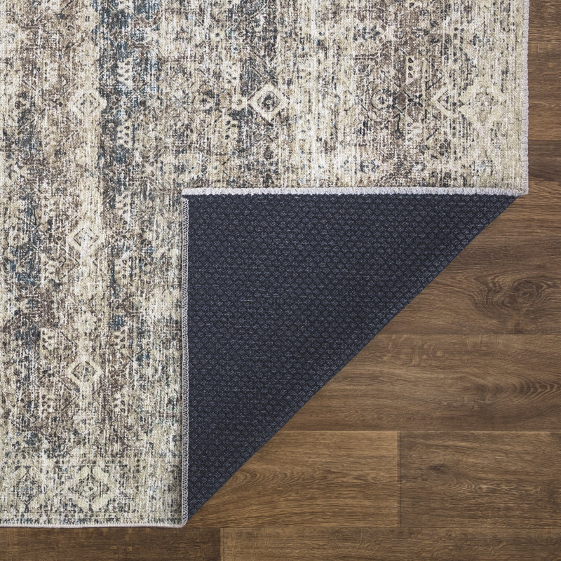 Washable Non-Slip Area Rug - Beige Brown / Teal Traditional Oriental Area Rug for Entryway, Hallway, Bathroom, and Kitchen