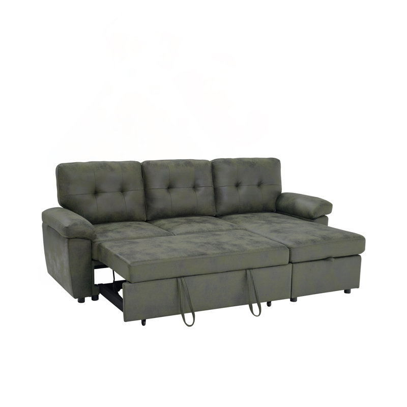 Canapé-lit convertible en L escamotable convertible avec méridienne de rangement, Tissu vert olive