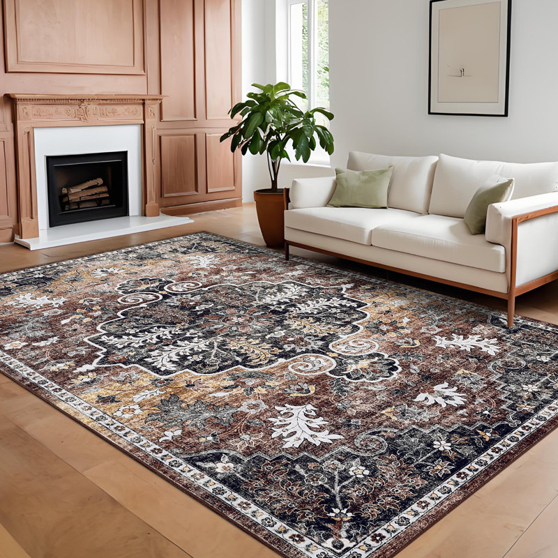Machine Washable Rug with Rubber Backing for Living Room Vintage Non-Slip Dining Room Rug Easy-Cleaning Floor Carpet for Bedroom Playroom