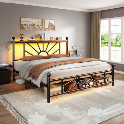 Structure de lit en métal rétro avec lumières DEL, tête de lit avec rangement et rangement sous le lit de 10,2 po, lit plateforme robuste et silencieux