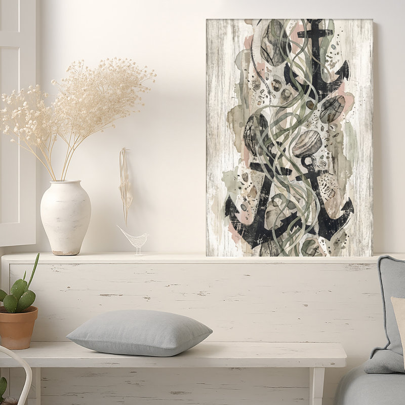 «Black Anchor Silhouettes» et coquillages sur toile de bois blanchie, H 36 po x l 24 po