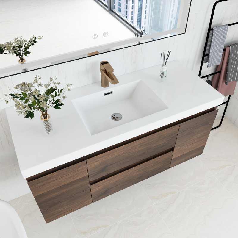 Scottsburg 48'' Single Sink Wall Mounted Bathroom Vanity with Resin Top, Rose Wood