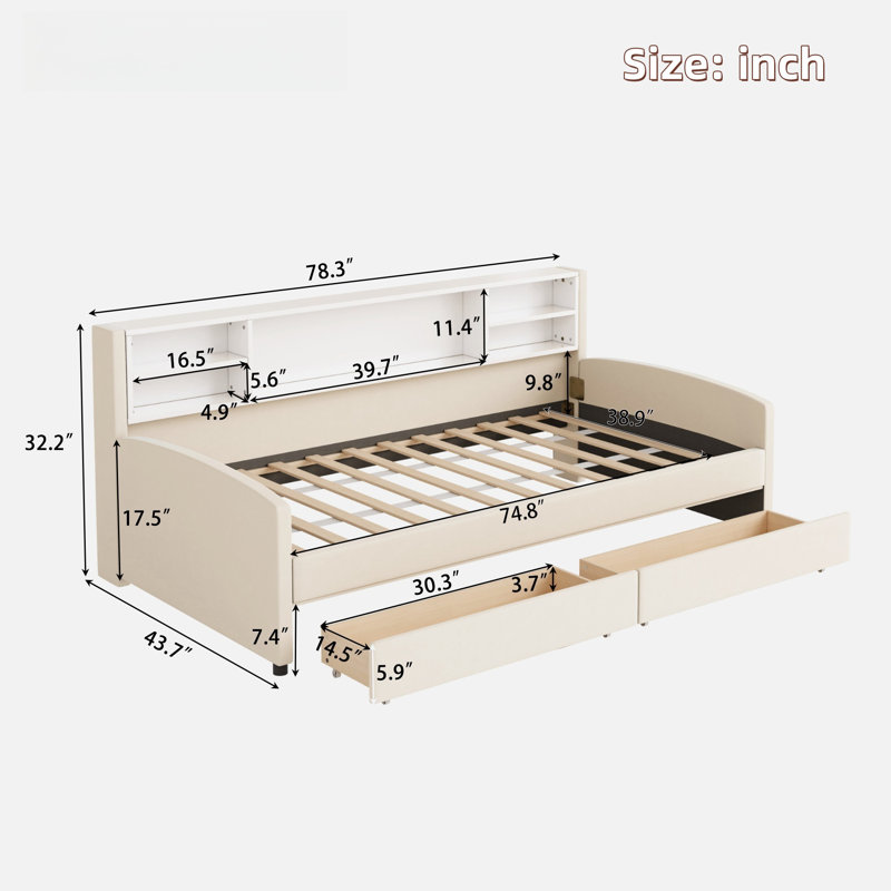 Lit de jour rembourré avec tablettes de rangement et 2 tiroirs, Beige