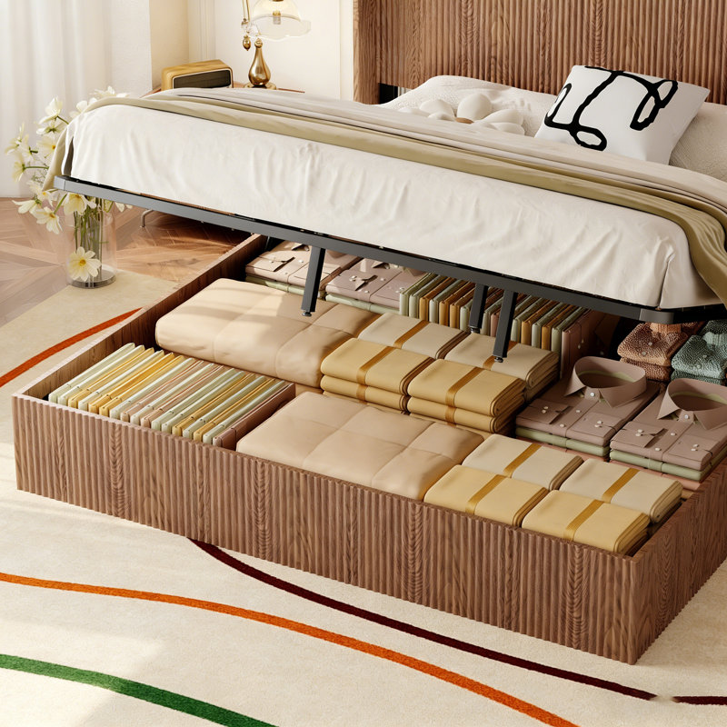 Lift Storage Bed Frame With Grooved Wooden Platform - No Box Spring Needed, Ultra Quiet & Anti-Squeak Design