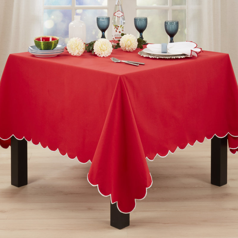 Elegant Red Square Classic Scalloped Cotton Tablecloth 80" X 80"