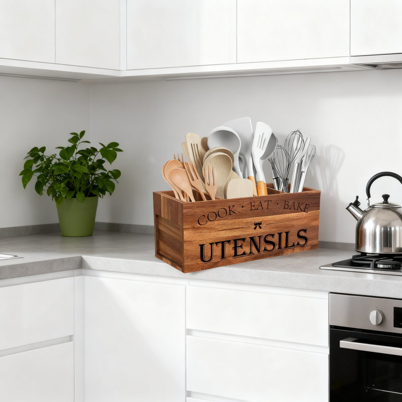 Porte-ustensiles en bois pour comptoir de cuisine, très grand organisateur de comptoir avec 4 compartiments, cloison amovible pour un nettoyage facile, décor de ferme rustique pour les ustensiles de cuisine