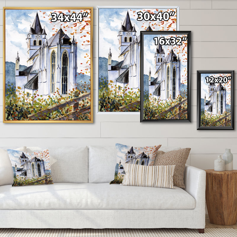 Église gothique verte - Peinture sur toile, H 32 po x l 16 po, Cadre flottant doré