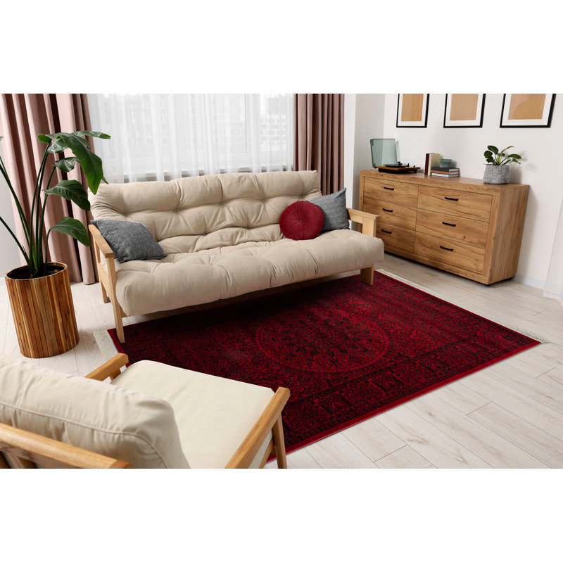 Luca 6039 – Elegant Lucaal rug with fringes in burgundy & black – Classic rug with frame & rosette pattern