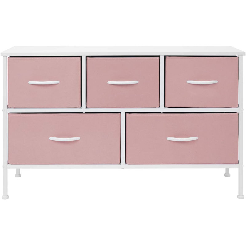  Commode Sorbus à 5 tiroirs avec structure en acier, plateau en bois et bacs en tissu, Rose