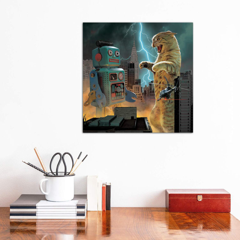 " Catzilla Vs Robot " by Vincent Hie, Wrapped Canvas, 18" H x 18" W x 1.5" D