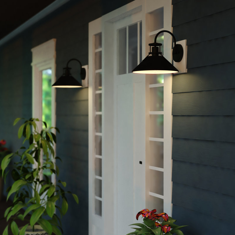 Guava 11 in. H 1-Light Matte Black and White Dusk to Dawn Sensor Farmhouse Outdoor Wall Sconce, Durable Steel Metal Shade, Dark Sky Compliant for Exterior Porch Patio Front Door or Garage