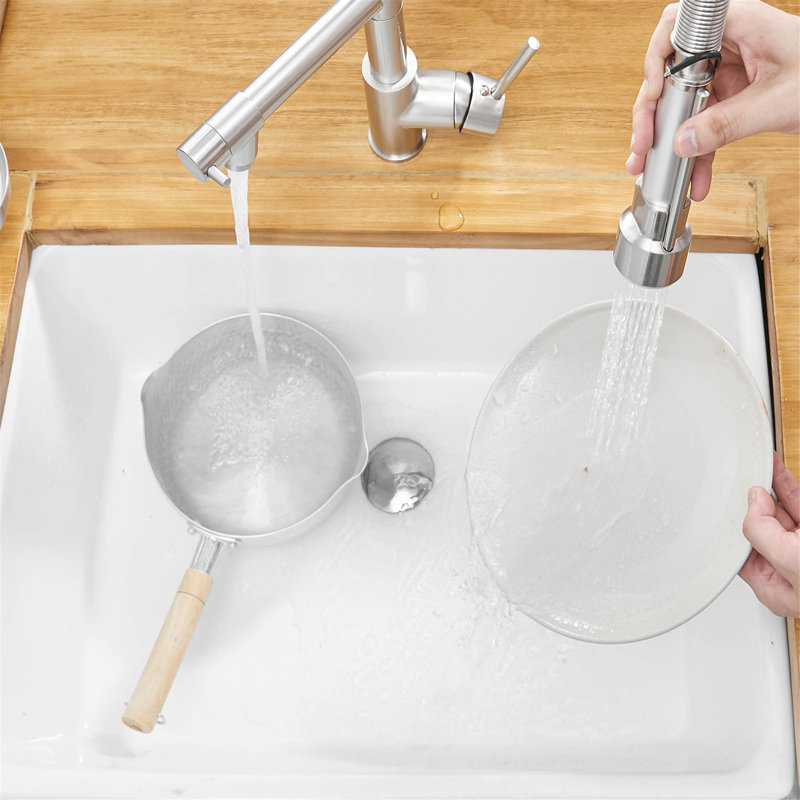 Robinet de lavabo de cuisine commercial avec douchette rétractable en laiton brossé moderne à un trou, robinets de lavabo monocommande à grande arche avec robinet