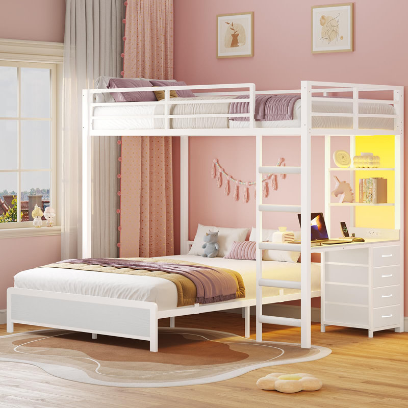 Lit simple superposé au dessus d'un lit double avec bureau, station de charge, lumières à DEL, tiroirs et tablettes de rangement, blanc