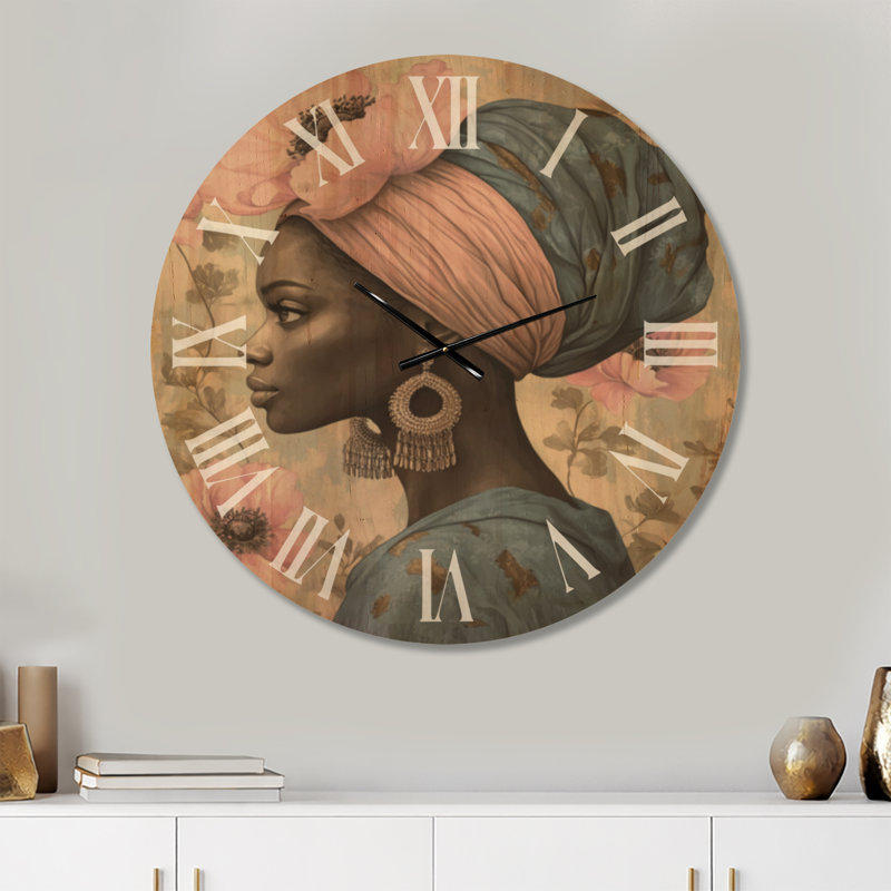 Horloge murale décorative glamour Floral Crowned Muse II, imprimée sur bois, Très grand
