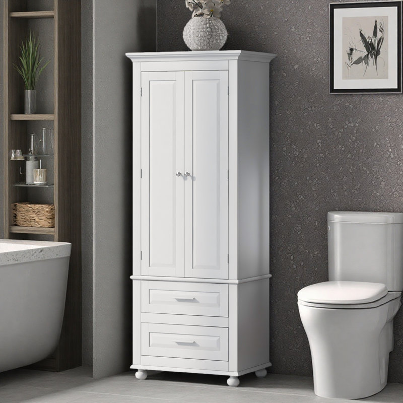 Armoire à linge autoportante à 2 tiroirs avec tablettes réglables, Blanc