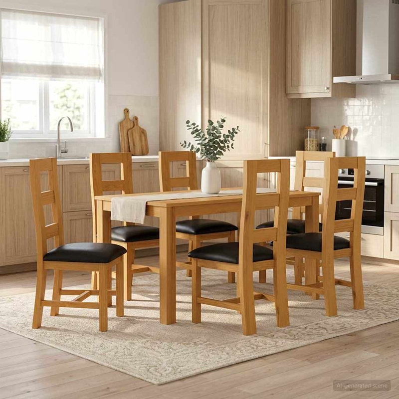 6 -Person Oak Solid Wood Dining Set, 75cm H x 150cm W x 85cm D, Black, Black, Black, Black